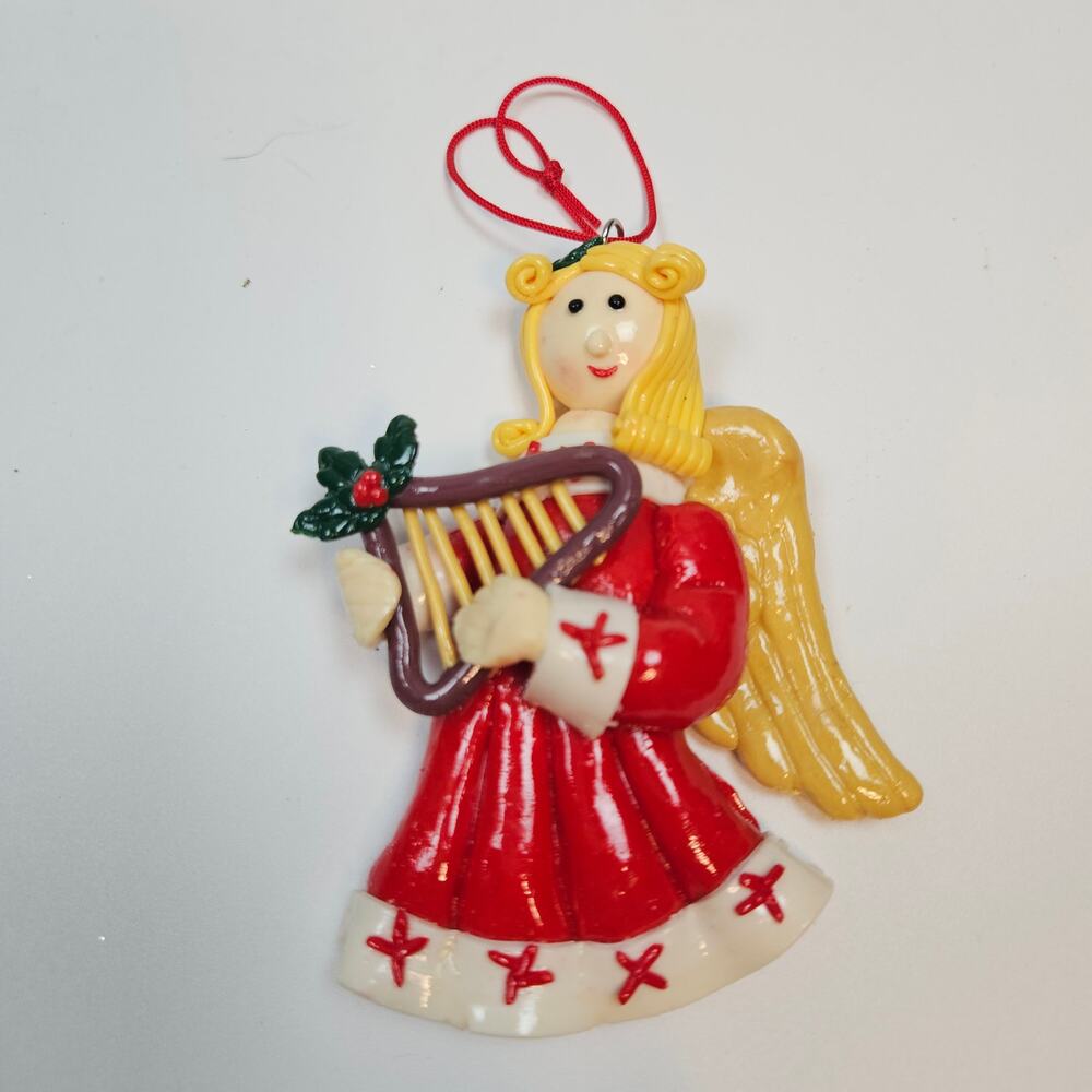 Vintage 1900s Multi 4" Dough Angel with Harp Christmas Ornament Figurine Holiday